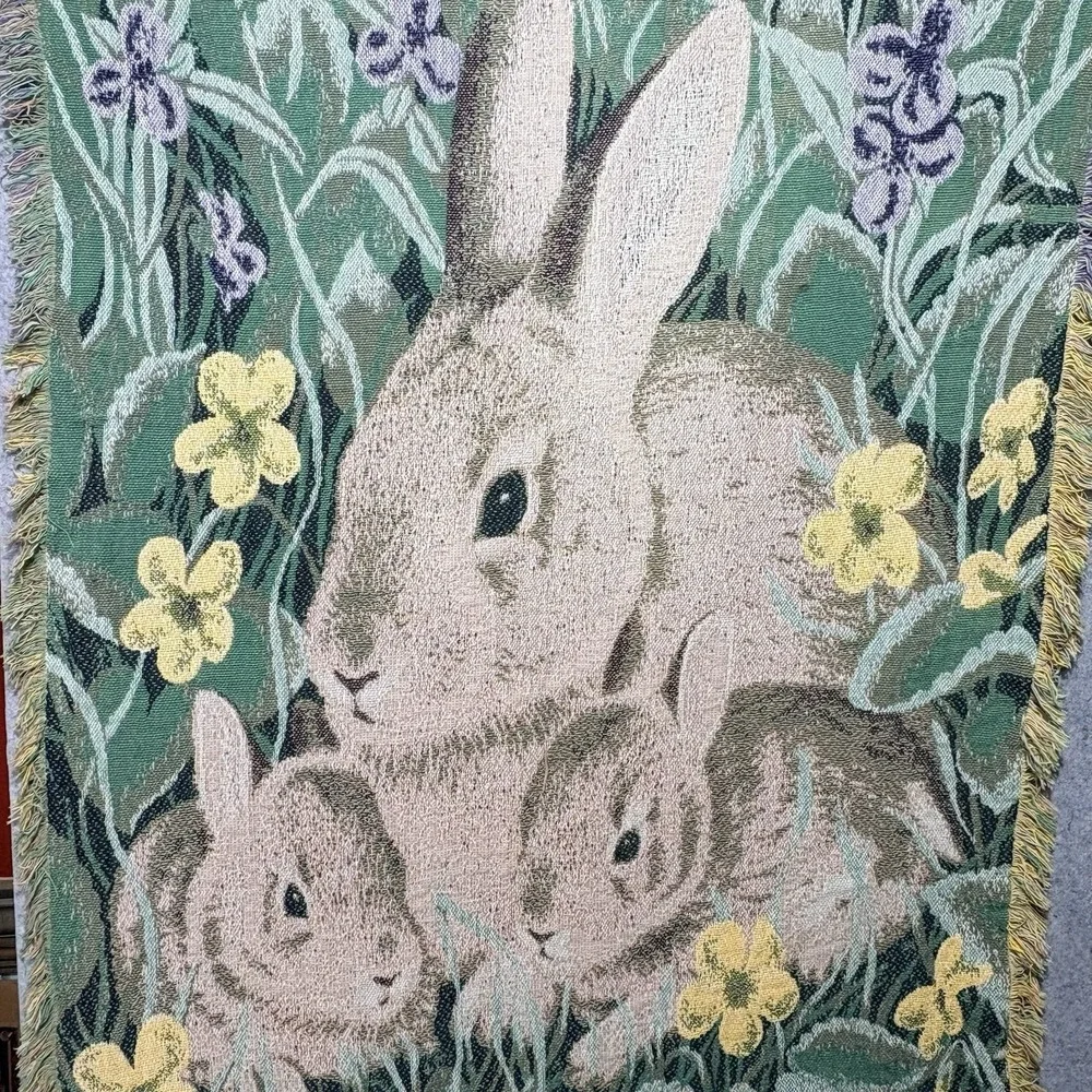 Vintage Woven Bunny Rabbit Tapestry Throw Blanket Fringe Easter Cottagecore